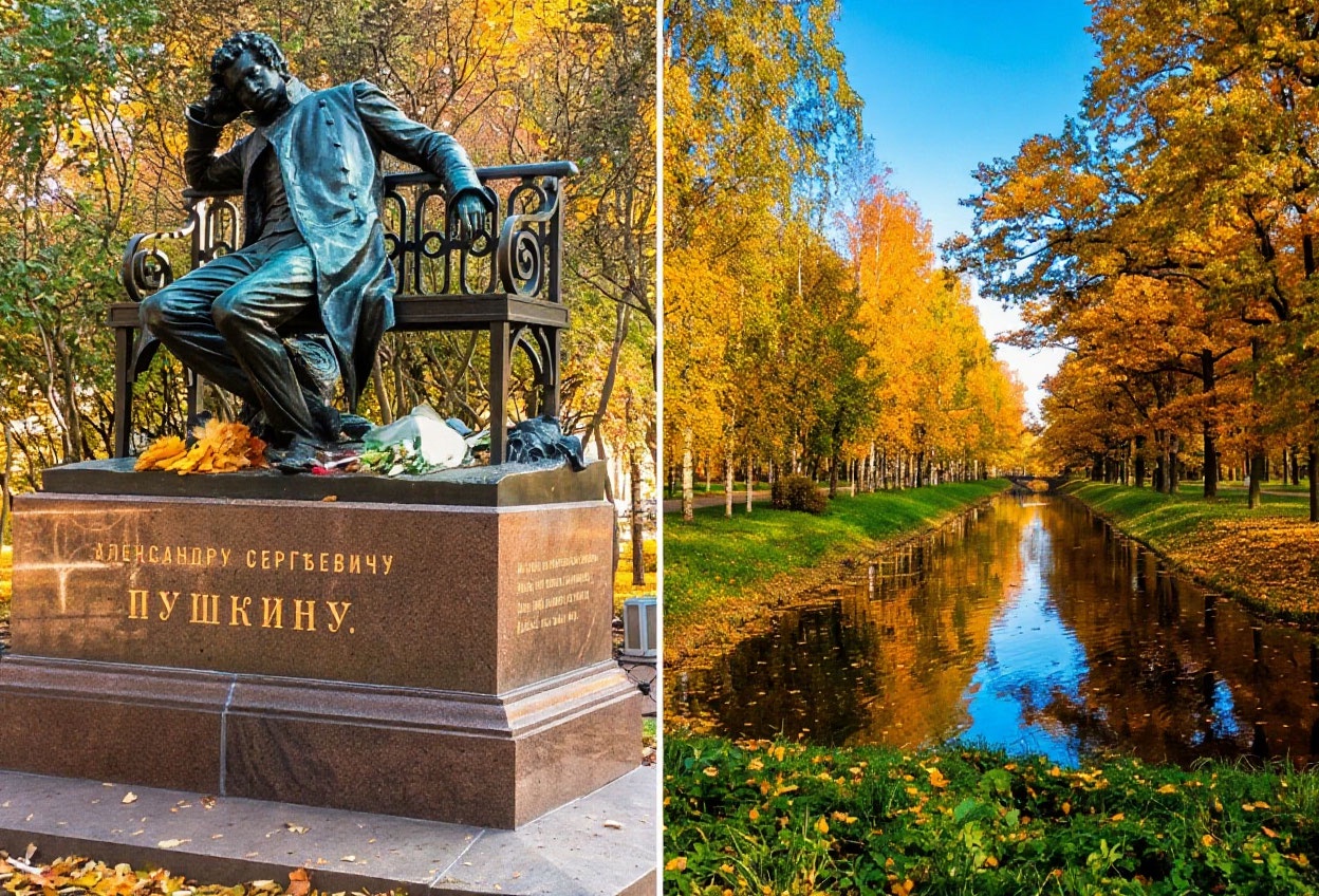 Лицейский сад и памятник Пушкину
